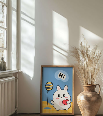 Adorable cartoon bunny with balloon and heart illustration