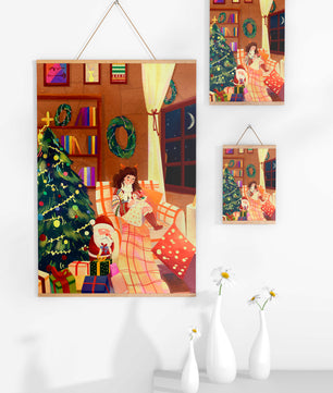 Cozy Christmas scene with tree, gifts, and a child by the window