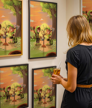Kinder pflanzen einen Baum in einer lebendigen Sonnenuntergangslandschaft