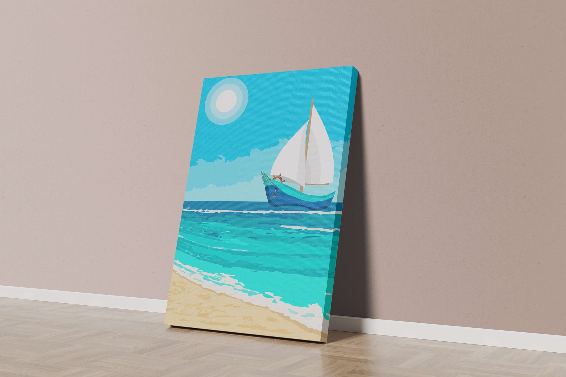 Serene ocean scenery with sailboat under the sun