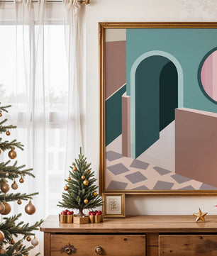 Abstract architectural scene with geometrical shapes