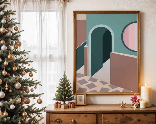 Abstract architectural scene with geometrical shapes