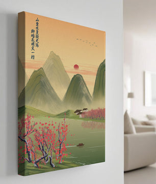 Serene landscape illustration with mountains and cherry blossoms