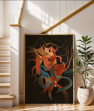 Elegant depiction of a goddess playing a lute with flowing ribbons