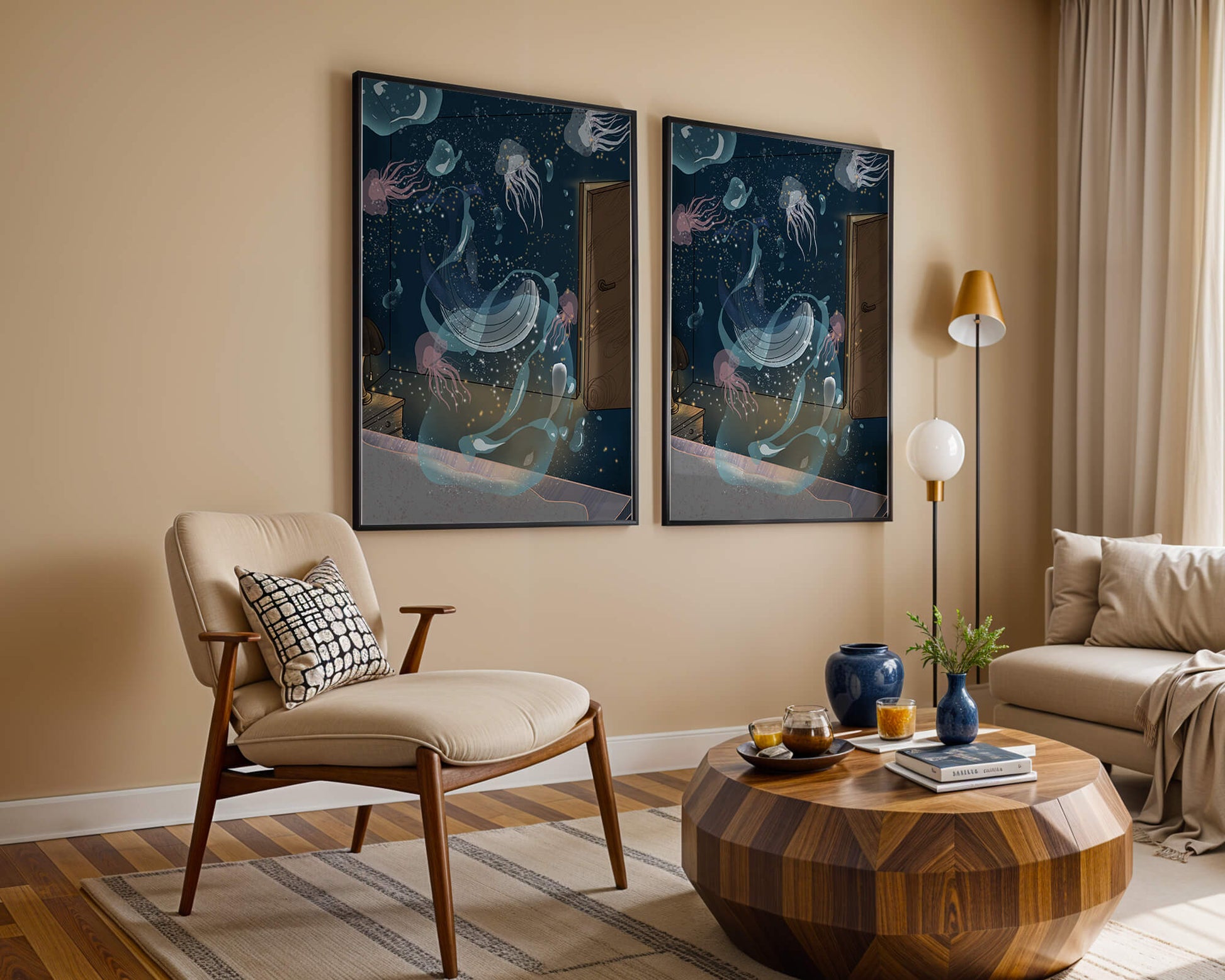 Underwater-themed room with jellyfish and a door