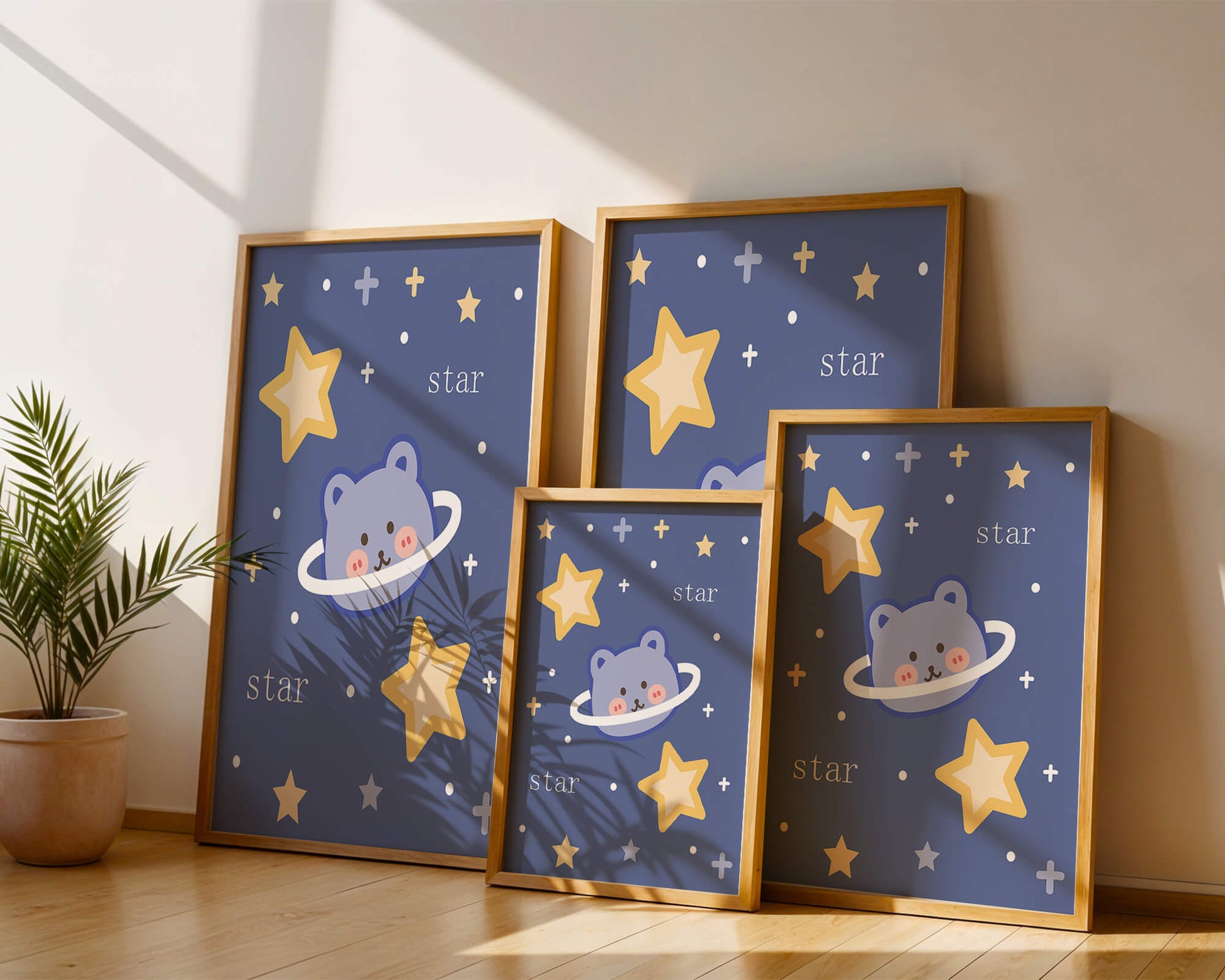 Adorable cartoon bear with stars on a blue background