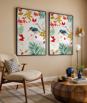 Oiseaux et feuillages colorés dans un décor botanique tropical