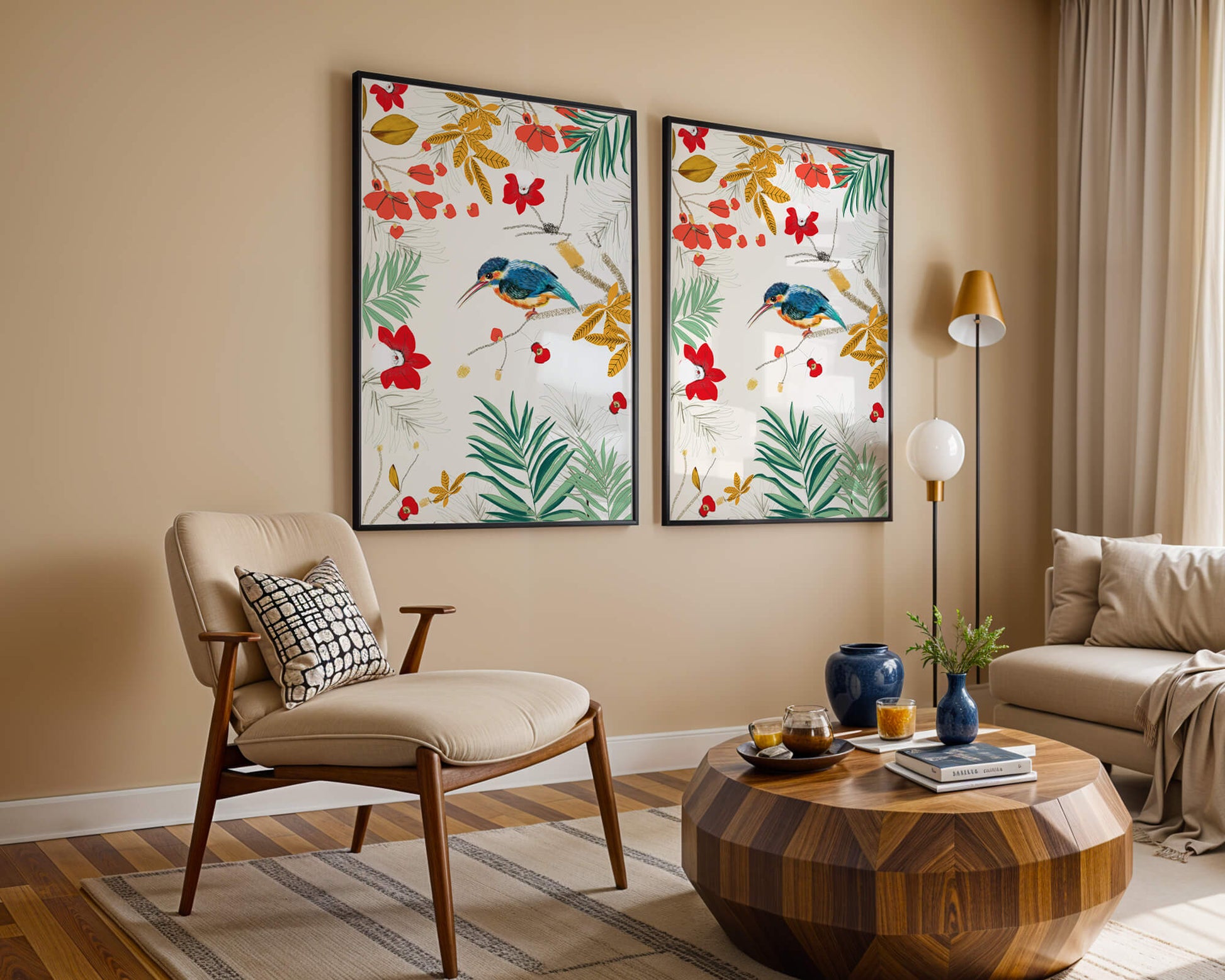 Oiseaux et feuillages colorés dans un décor botanique tropical