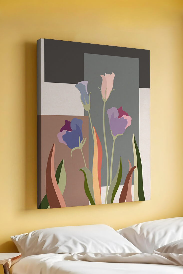 Arte floral abstracto con fondo geométrico colorido