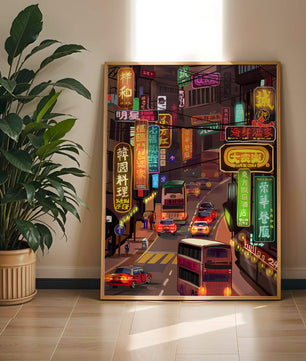 Vibrant urban street with neon signs and bustling traffic at night