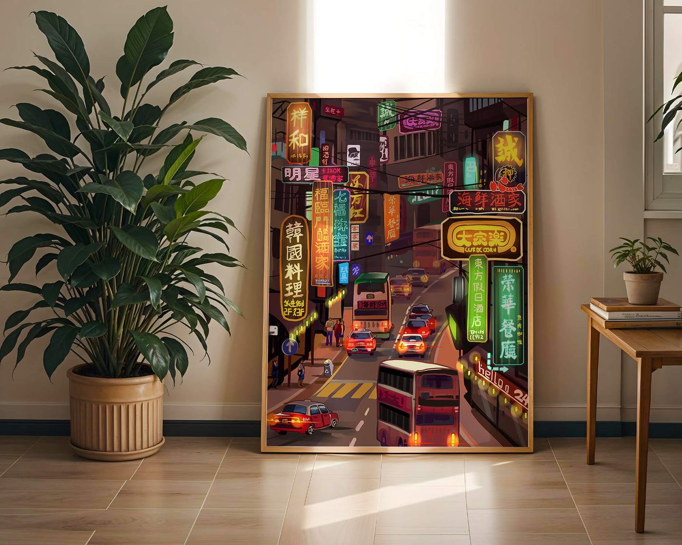Vibrant urban street with neon signs and bustling traffic at night