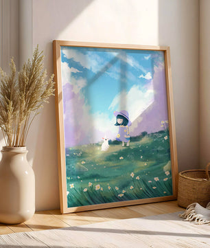 A Little Girl in a Purple Dress and Hat with a White Rabbit in a Flower Field Under a Blue Sky
