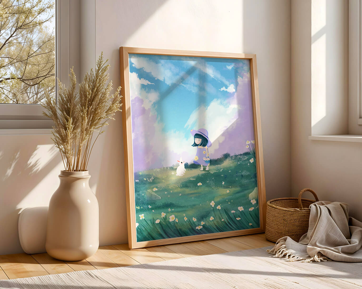 A Little Girl in a Purple Dress and Hat with a White Rabbit in a Flower Field Under a Blue Sky