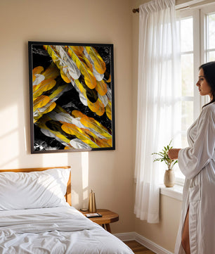 Abstract Composition with Yellow and White Feathers on a Black Background - Mi tienda