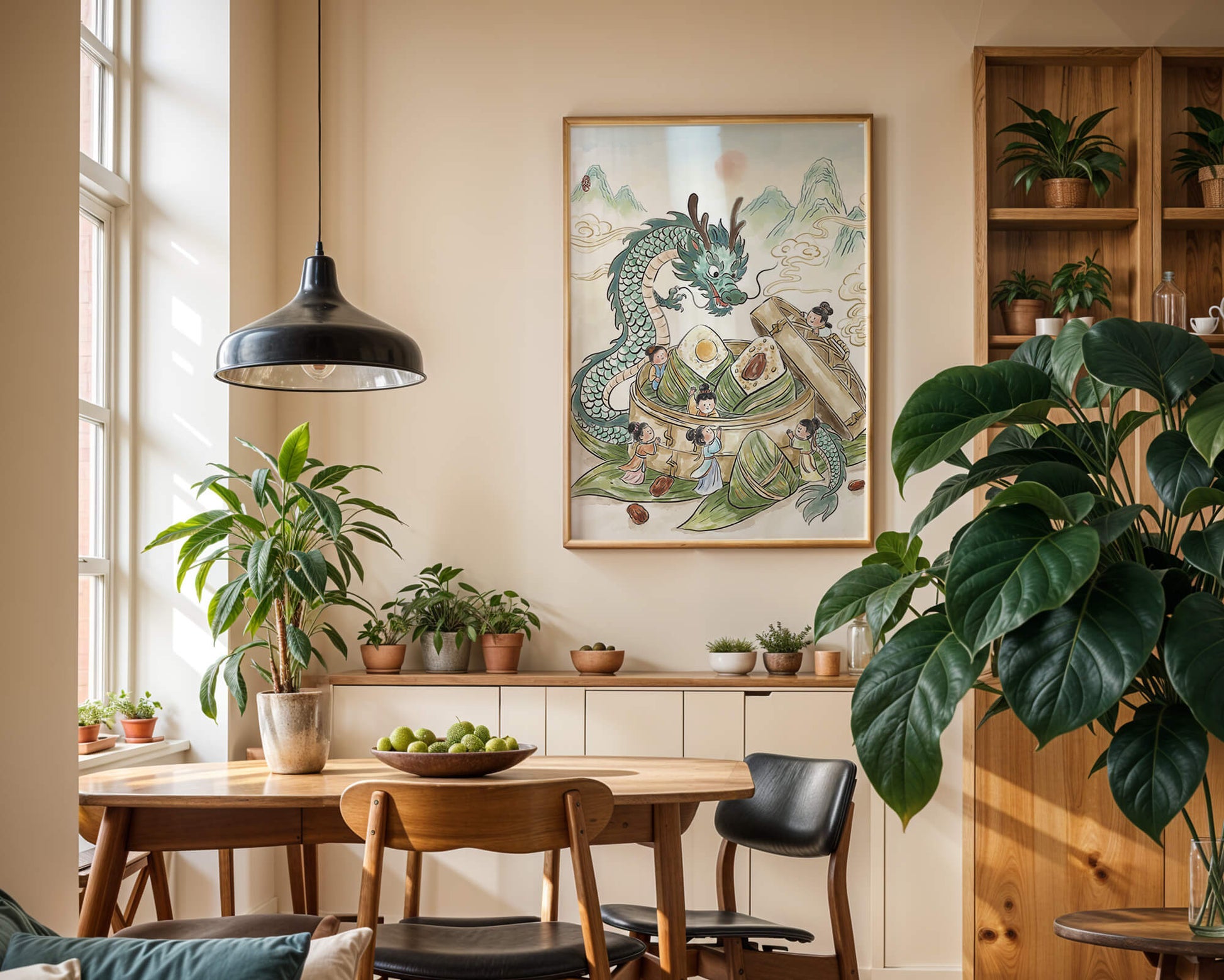 Dragón y dumplings al vapor con niños en un paisaje montañoso