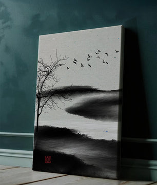 Minimalist Landscape with Silhouetted Tree and Birds