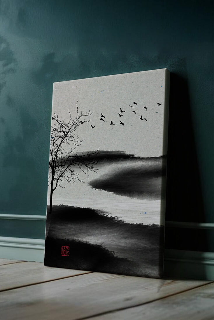Paisaje minimalista con siluetas de árboles y pájaros