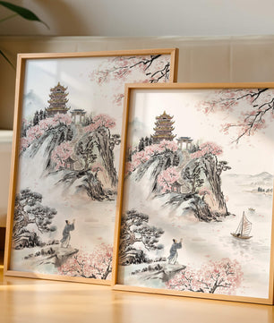 Tranquil Landscape with Cherry Blossoms and Traditional Pagoda