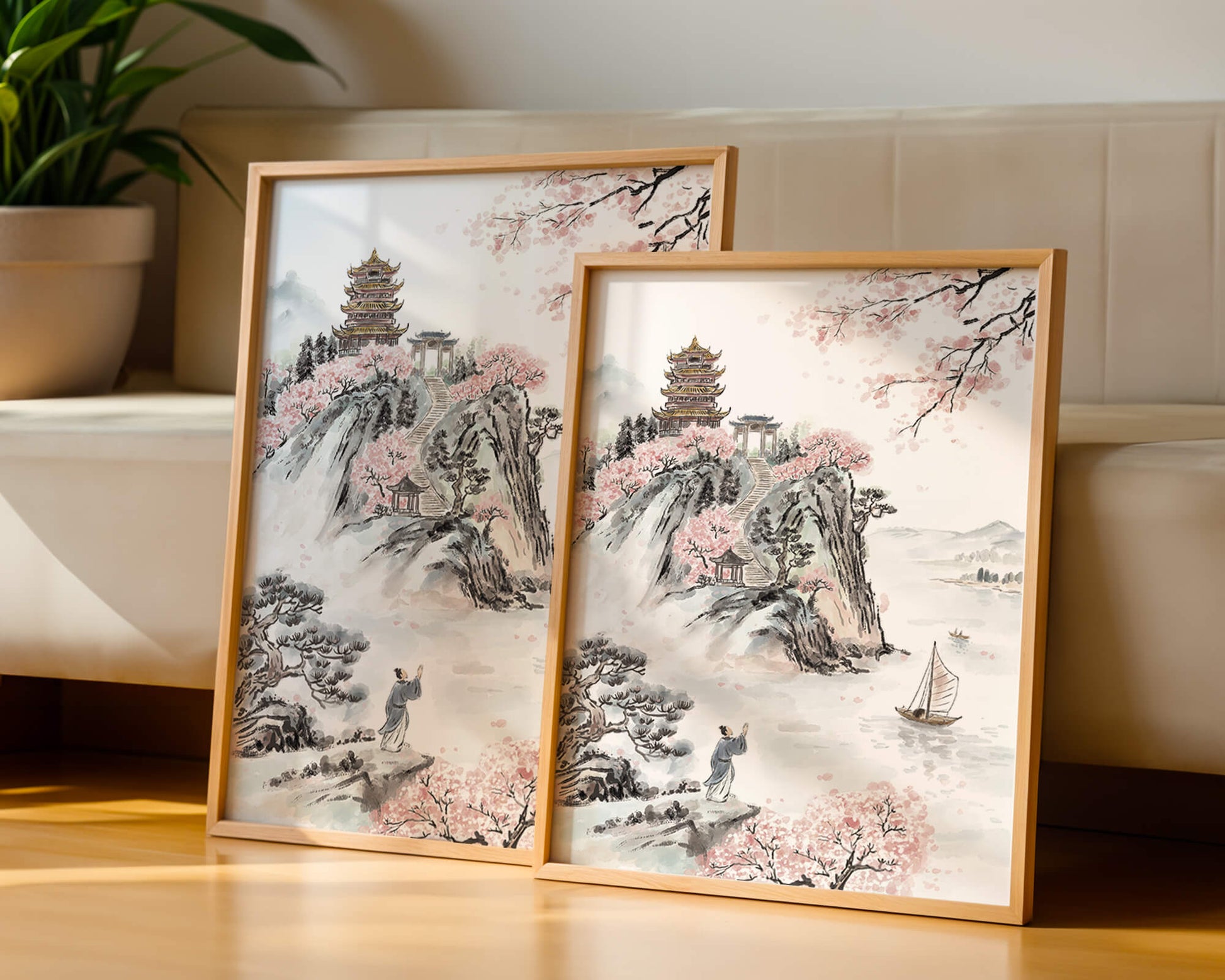 Tranquil Landscape with Cherry Blossoms and Traditional Pagoda