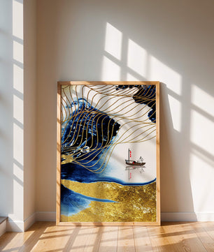 Paisaje abstracto con olas doradas y un bote solitario sobre fondo azul y blanco