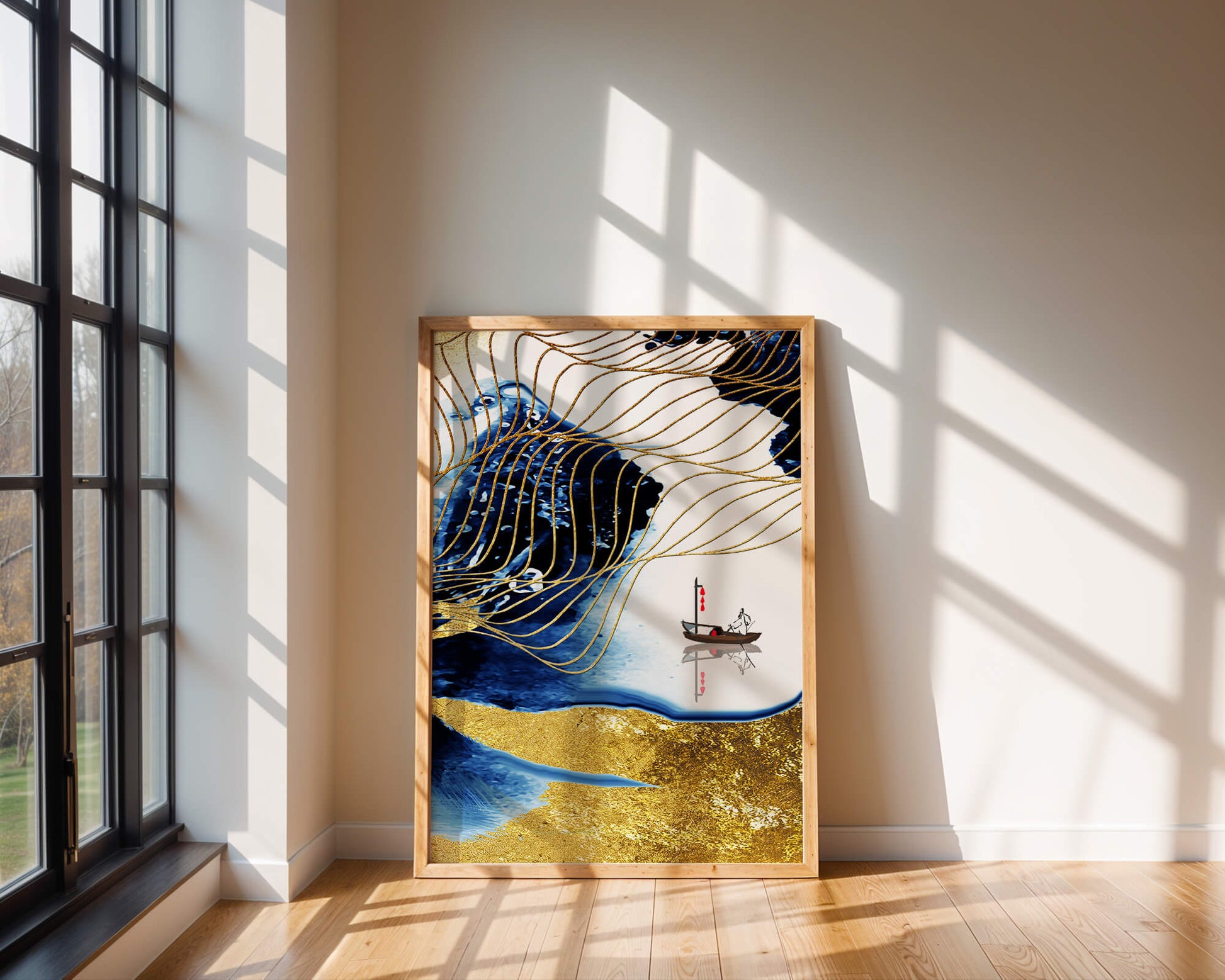 Paisaje abstracto con olas doradas y un barco solitario sobre fondo azul y blanco.