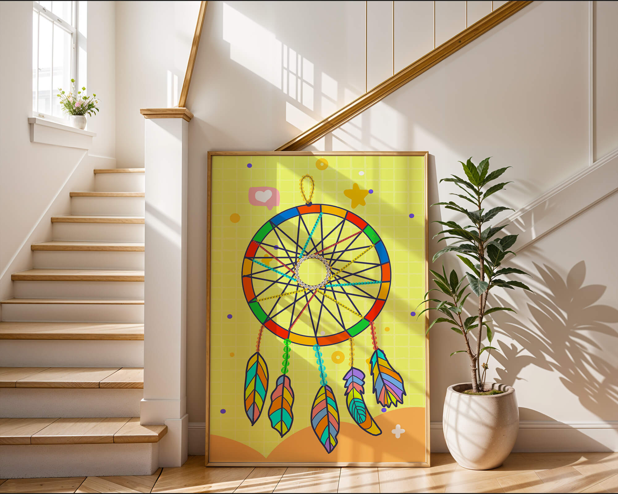 Colorful dreamcatcher on a vibrant yellow background