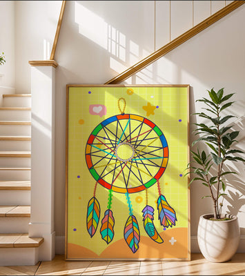 Colorful dreamcatcher on a vibrant yellow background