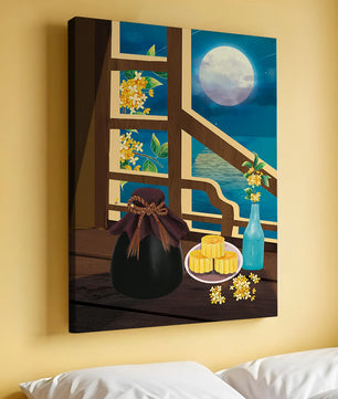 Noche iluminada por la luna con pasteles de luna y decoración floral sobre una mesa de madera