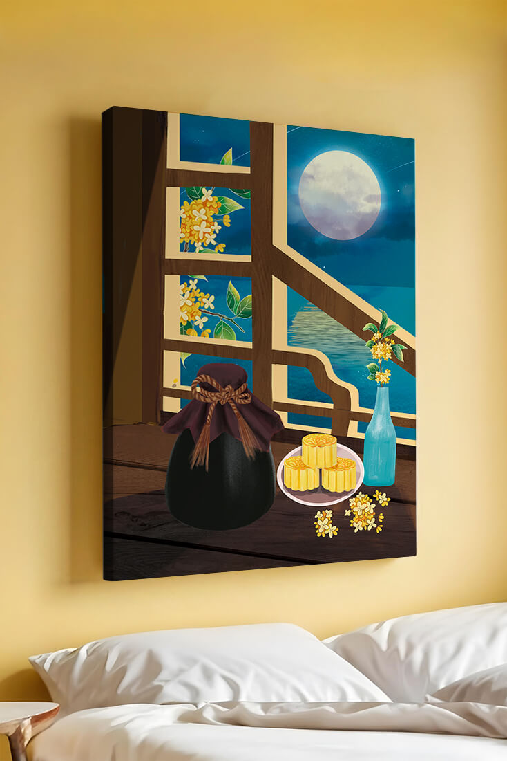 Noche iluminada por la luna con pasteles de luna y decoración floral sobre una mesa de madera