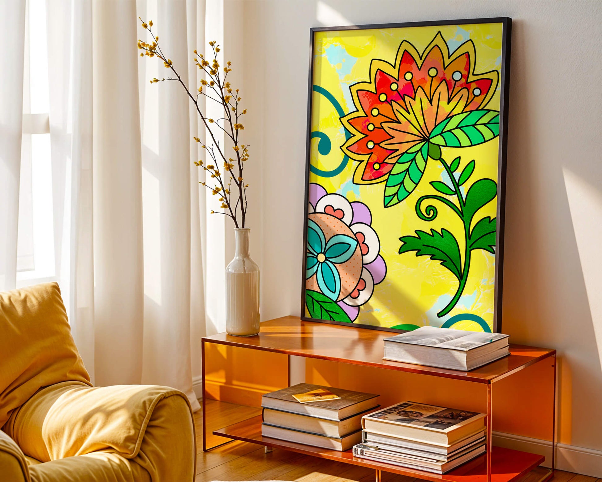 Colorful abstract floral illustration with bright yellow background
