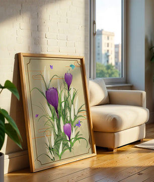 Elegant Crocus Flowers with Butterflies in a Delicate Frame