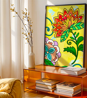Colorful abstract floral illustration with bright yellow background