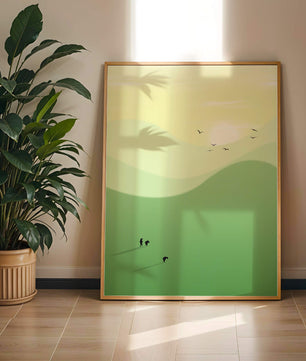 Paisaje minimalista con figuras silueteadas y aves al atardecer