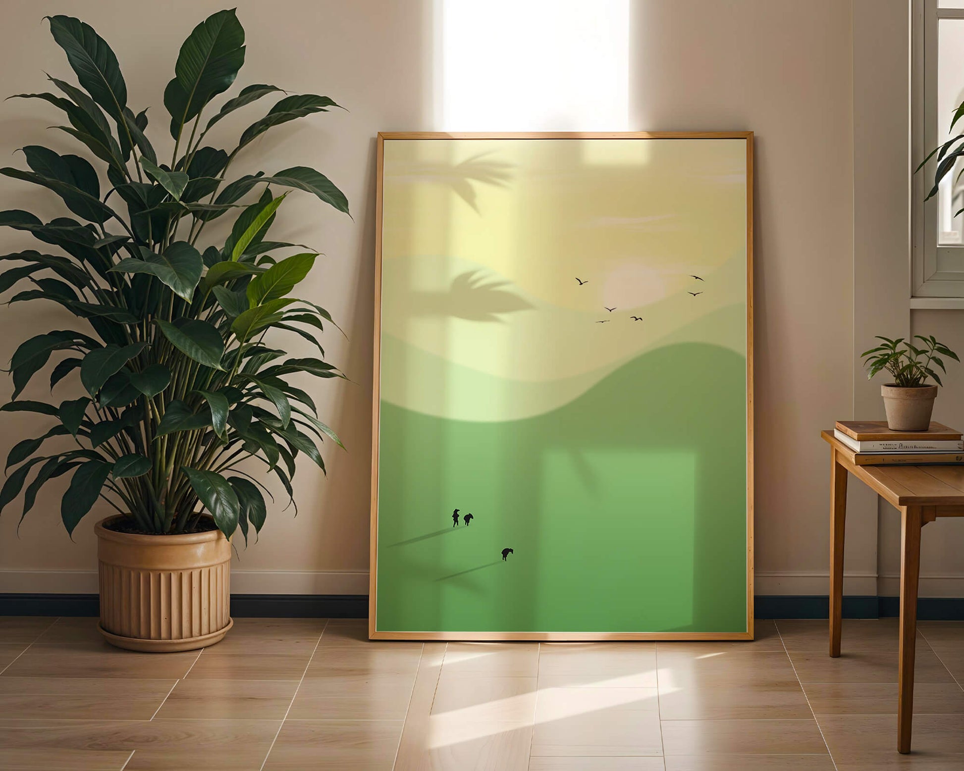 Paisaje minimalista con siluetas de personas y pájaros al atardecer