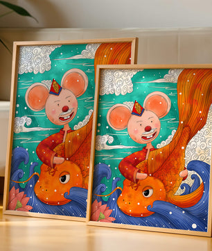 Whimsical illustration of a mouse riding a golden fish in a vibrant fantasy setting