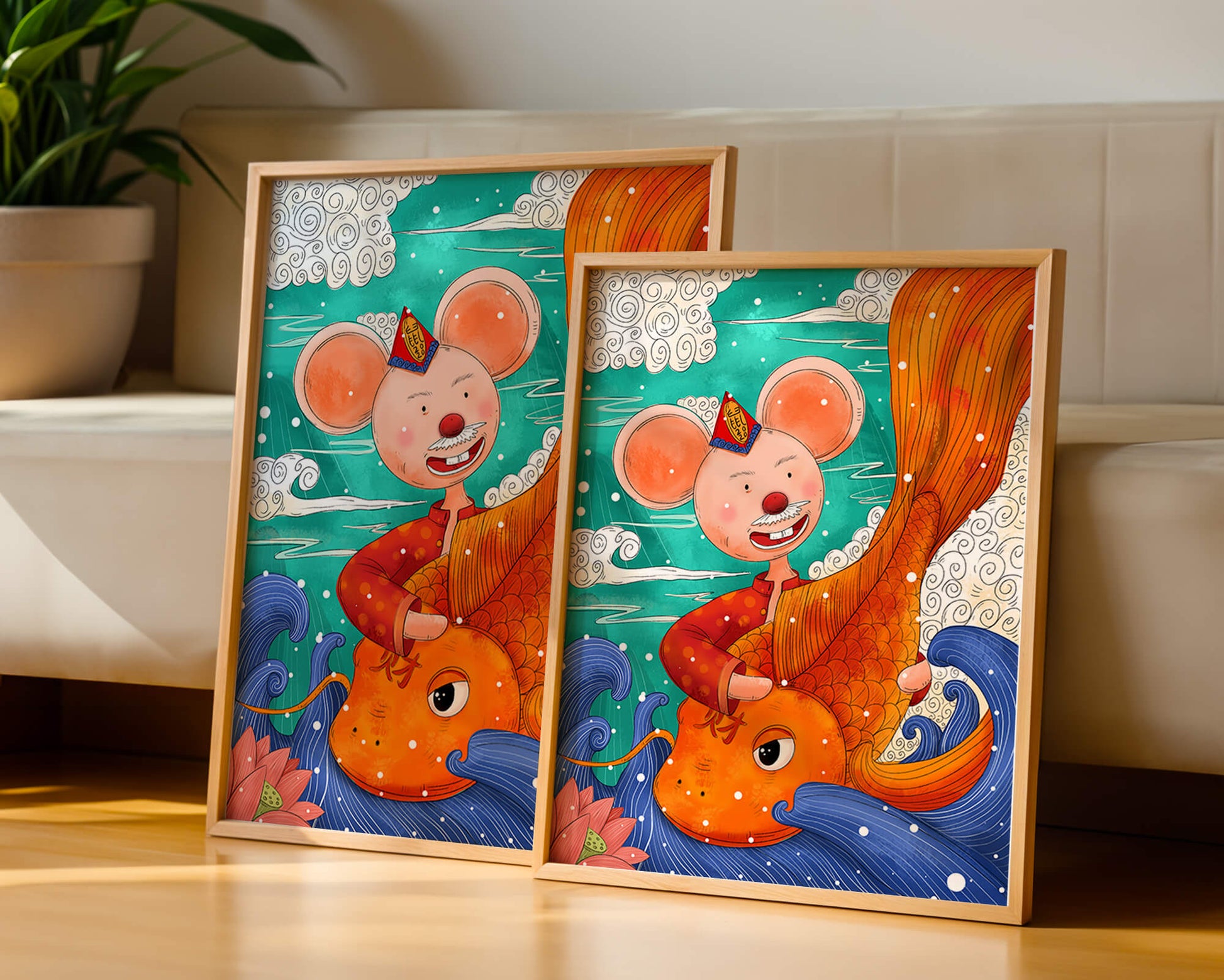 Whimsical illustration of a mouse riding a golden fish in a vibrant fantasy setting