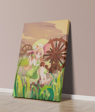 Enchanted countryside scene with a cute character and vibrant nature