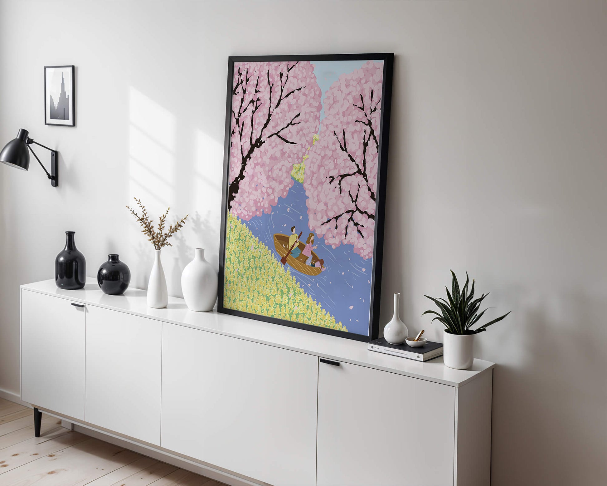 Family Rowing on Serene River with Cherry Blossoms