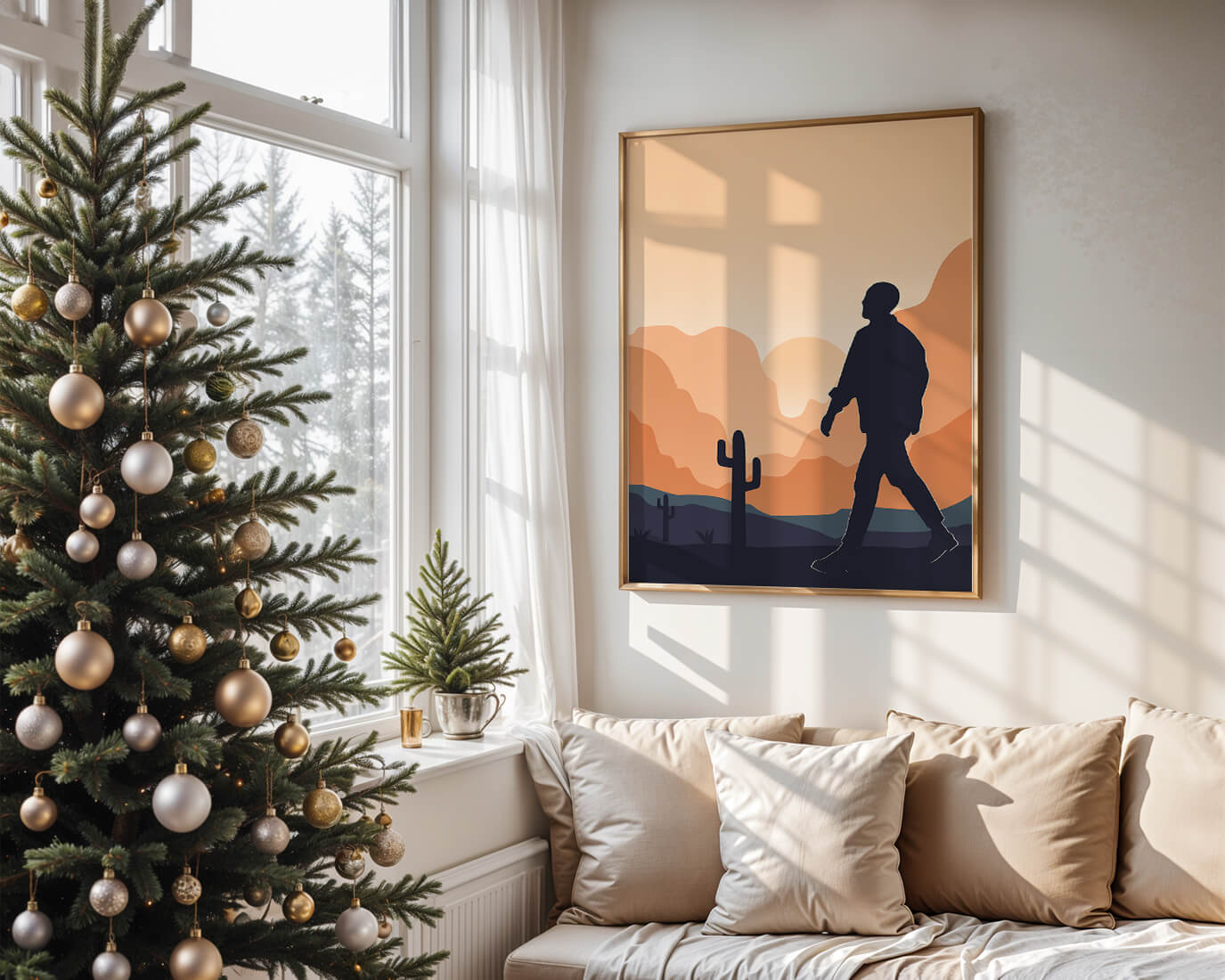 Silhouetted figure walking in desert landscape at sunset