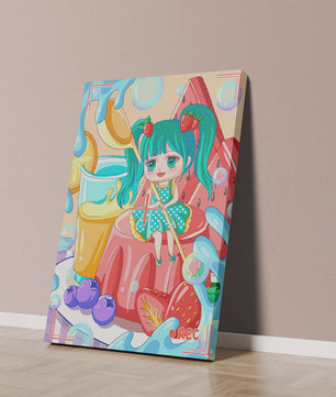 Scène de dessert fantaisiste avec un personnage mignon et des couleurs vives