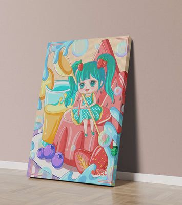 Whimsical dessert scene with cute character and vibrant colors