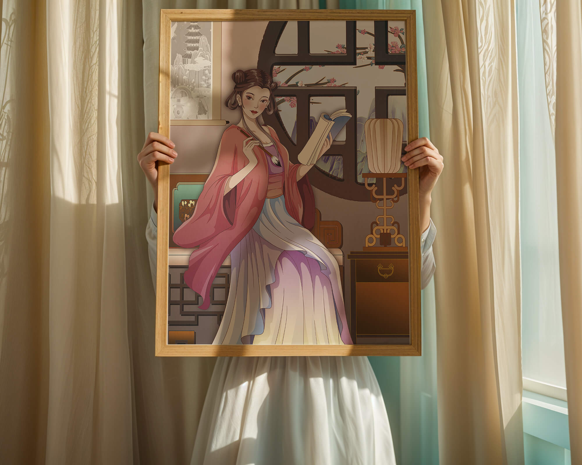 Illustrated scene of a woman in traditional attire reading by a window