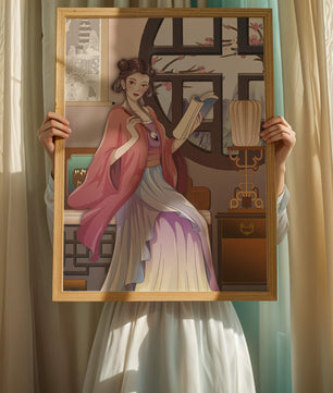 Illustrated scene of a woman in traditional attire reading by a window