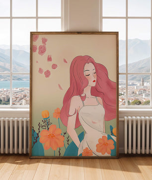 Illustration of a serene woman in a floral dress with flowing red hair