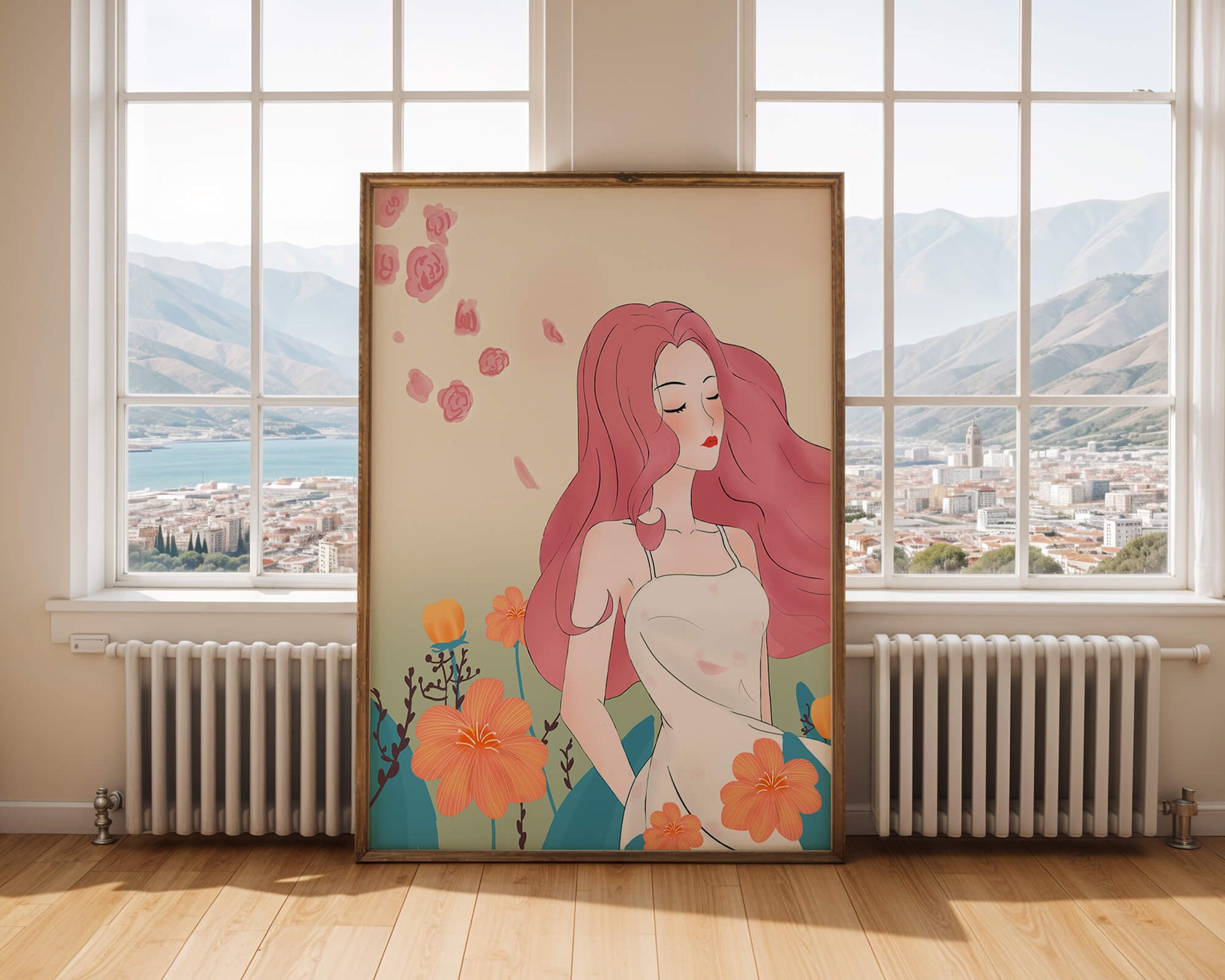 Illustration of a serene woman in a floral dress with flowing red hair