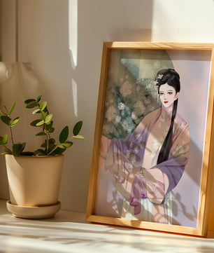 Elegant Asian Woman in Traditional Attire with Floral Background - Mi tienda