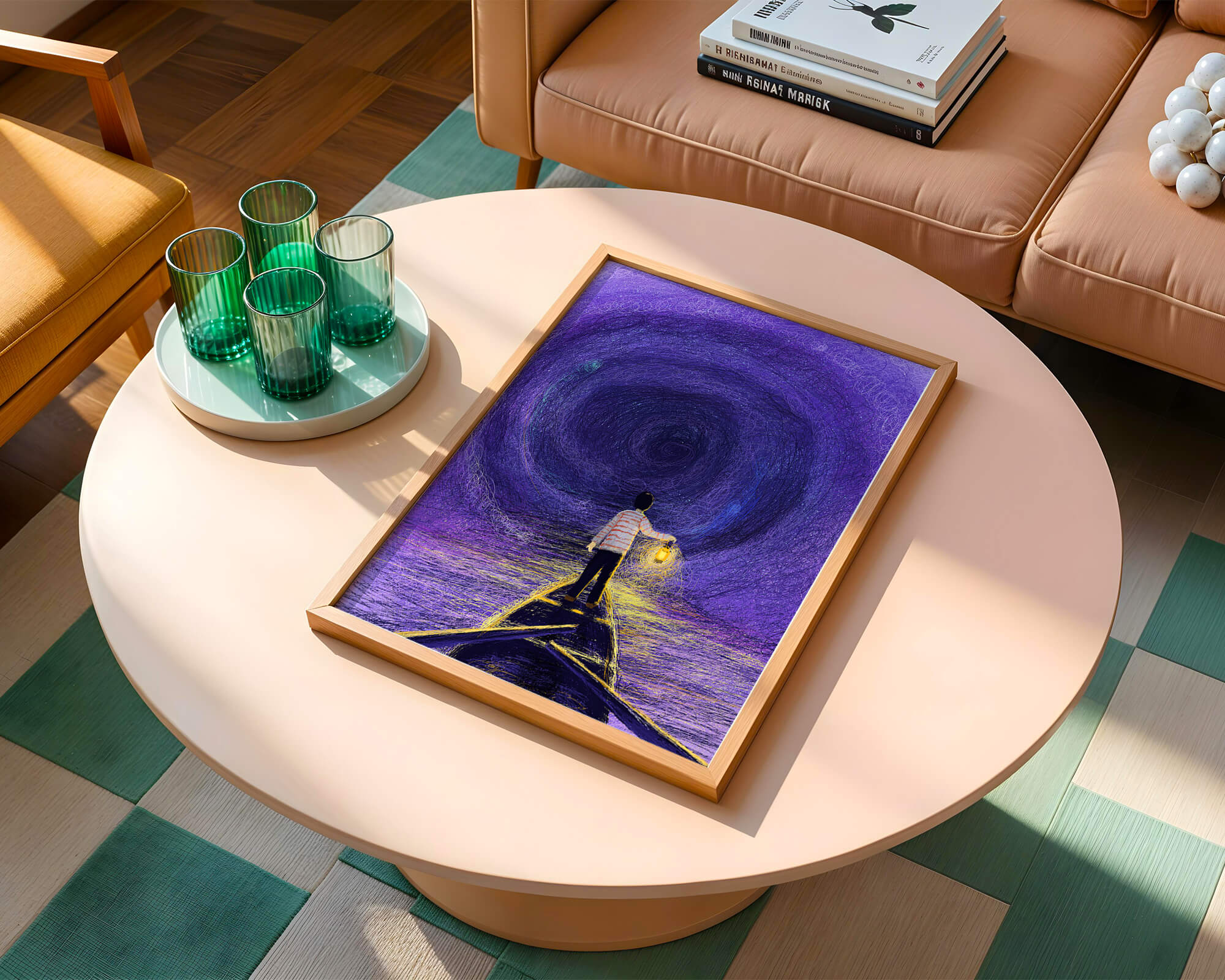 A boy holding a lantern on a boat in a swirling purple vortex
