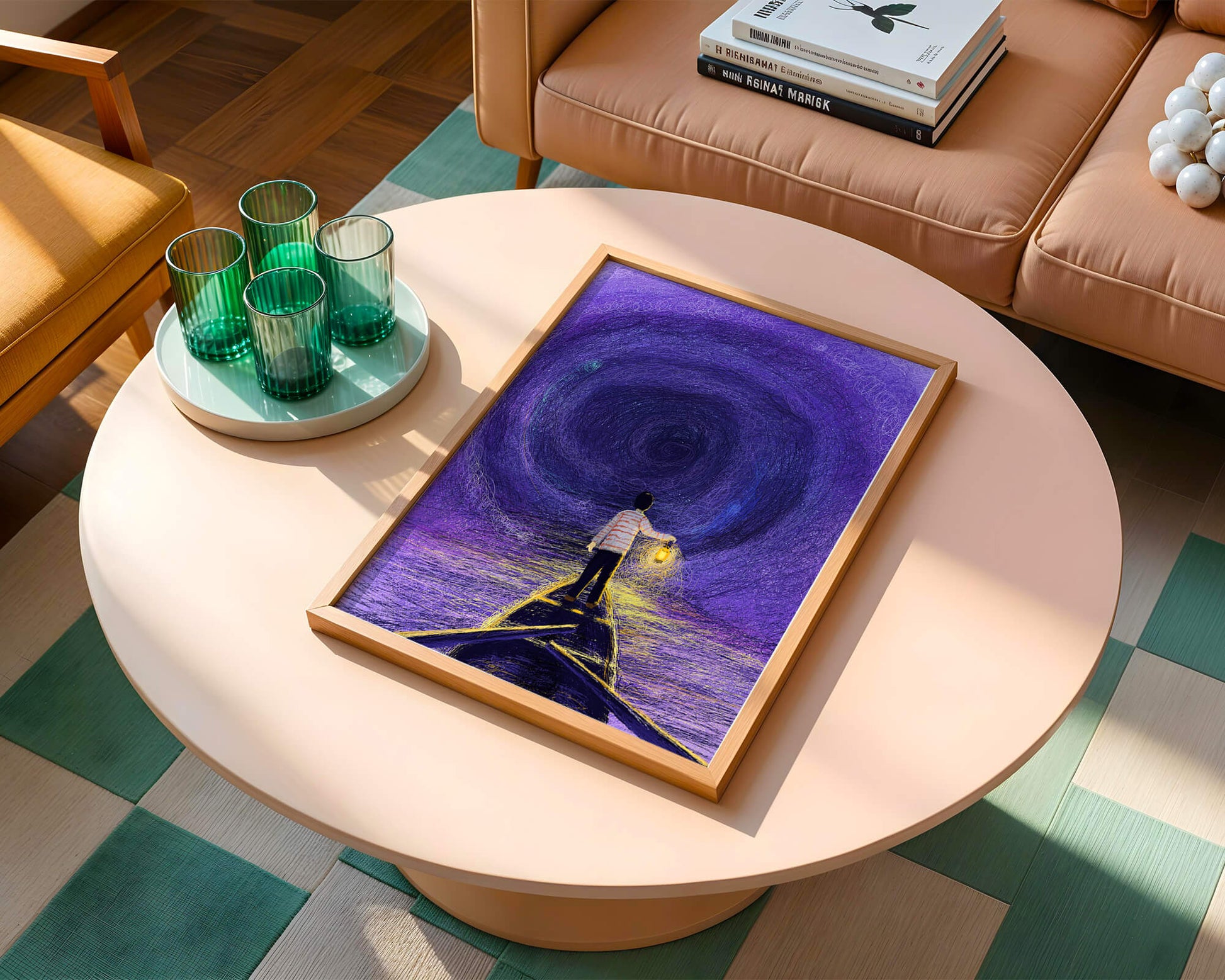 A boy holding a lantern on a boat in a swirling purple vortex