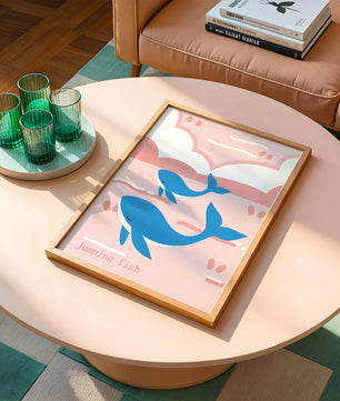 Playful whales illustration in pastel pink and blue