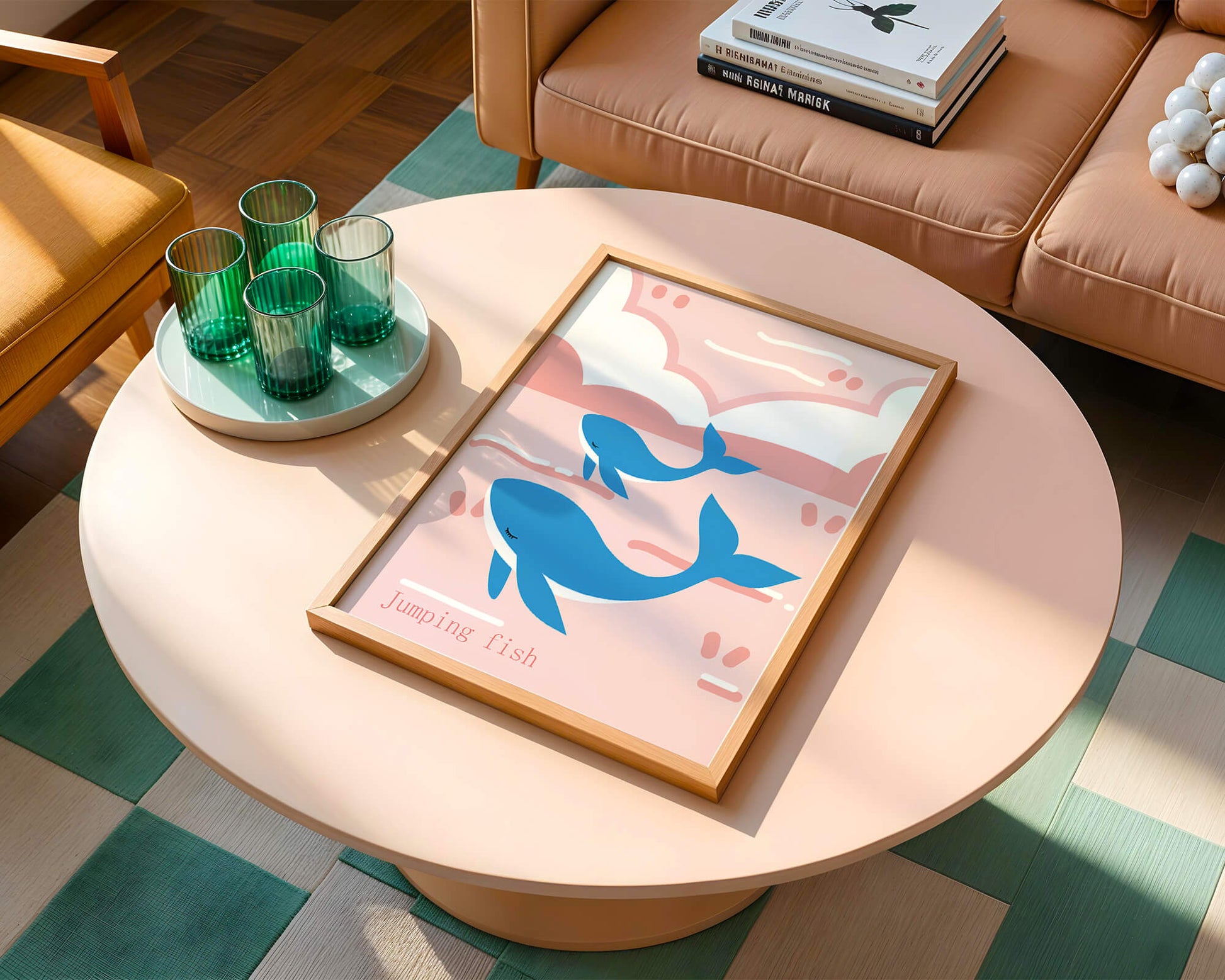 Playful whales illustration in pastel pink and blue